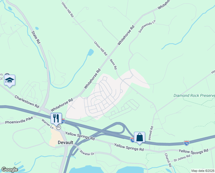 map of restaurants, bars, coffee shops, grocery stores, and more near 212 Milton Drive in Malvern