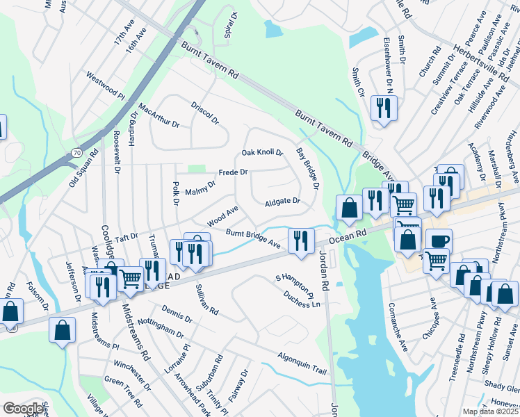 map of restaurants, bars, coffee shops, grocery stores, and more near 20 Aldgate Drive in Brick Township