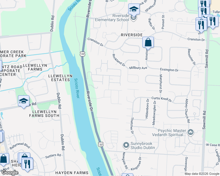 map of restaurants, bars, coffee shops, grocery stores, and more near 3220 River Hallow Rd in Dublin