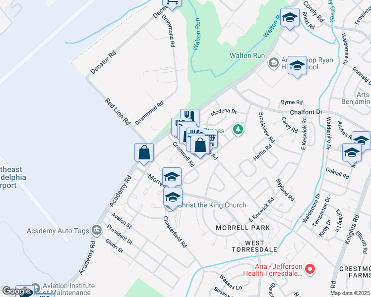 map of restaurants, bars, coffee shops, grocery stores, and more near 3254 Red Lion Road in Philadelphia