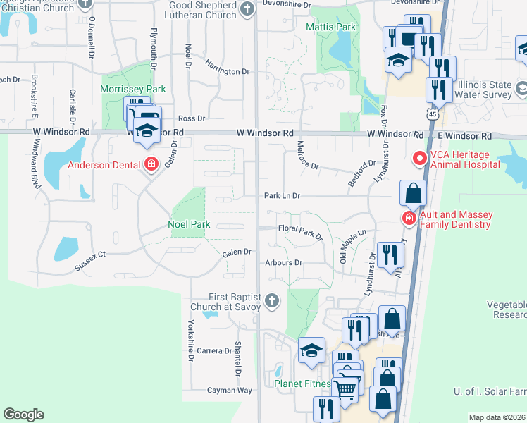 map of restaurants, bars, coffee shops, grocery stores, and more near 4 Hale Haven Court in Savoy