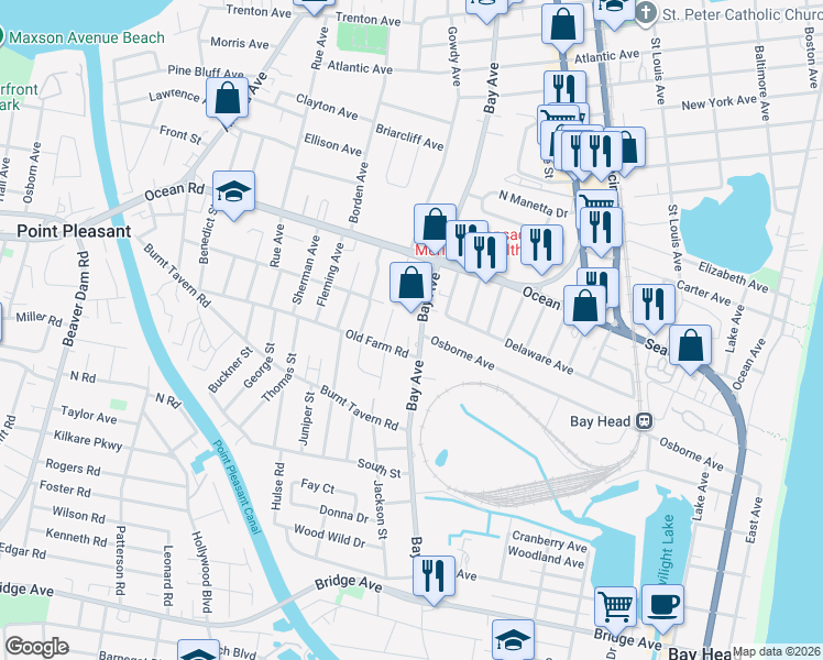 map of restaurants, bars, coffee shops, grocery stores, and more near 1229 Bay Avenue in Bay Head