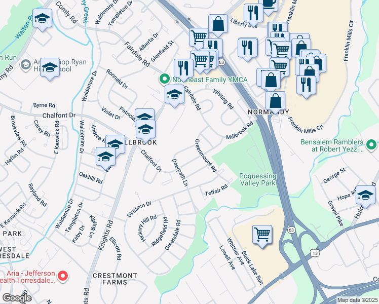 map of restaurants, bars, coffee shops, grocery stores, and more near 4311 Deerpath Lane in Philadelphia