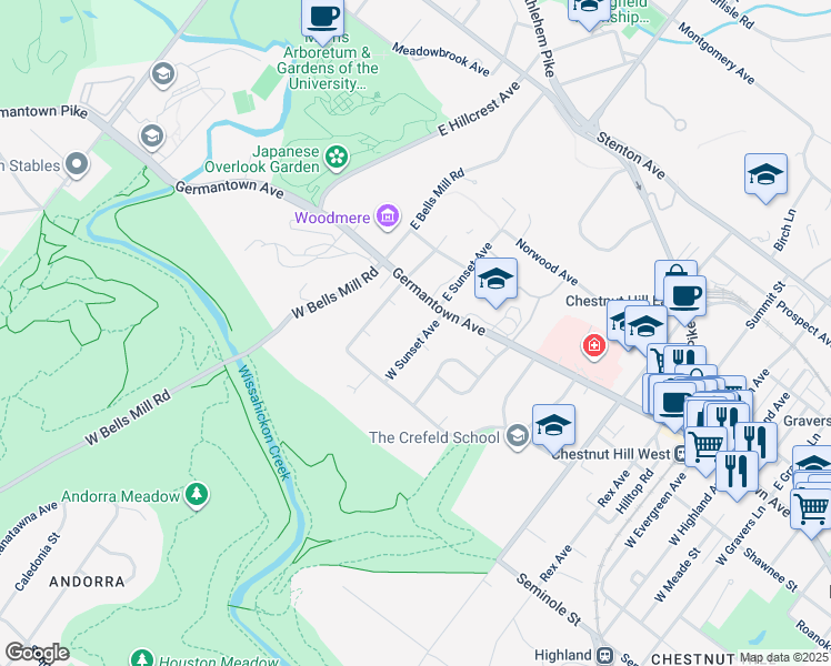 map of restaurants, bars, coffee shops, grocery stores, and more near 17 West Sunset Avenue in Philadelphia