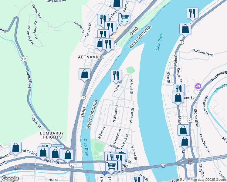 map of restaurants, bars, coffee shops, grocery stores, and more near 611 North Erie Street in Wheeling
