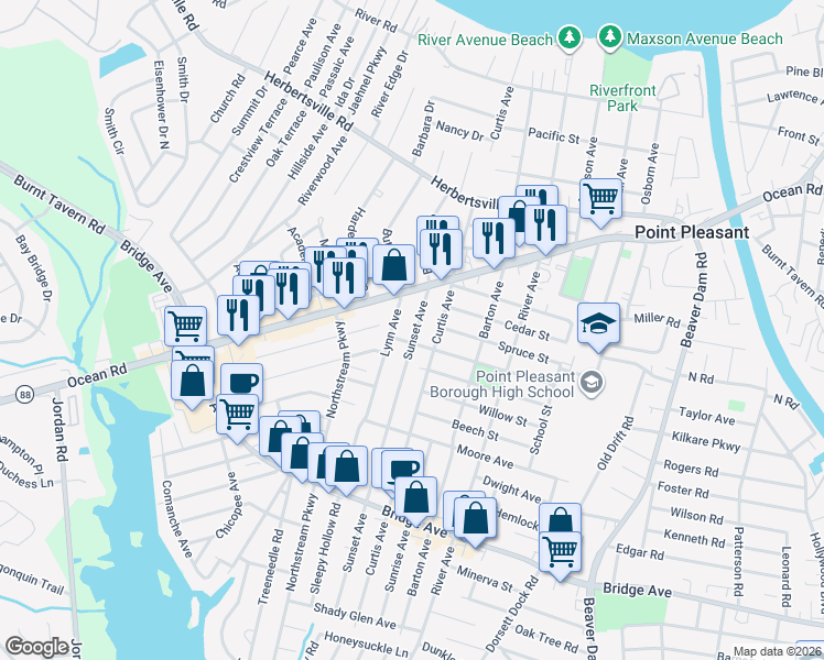 map of restaurants, bars, coffee shops, grocery stores, and more near 918 Sunset Avenue in Point Pleasant
