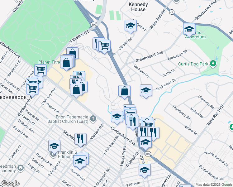 map of restaurants, bars, coffee shops, grocery stores, and more near 314 Ross Court in Wyncote