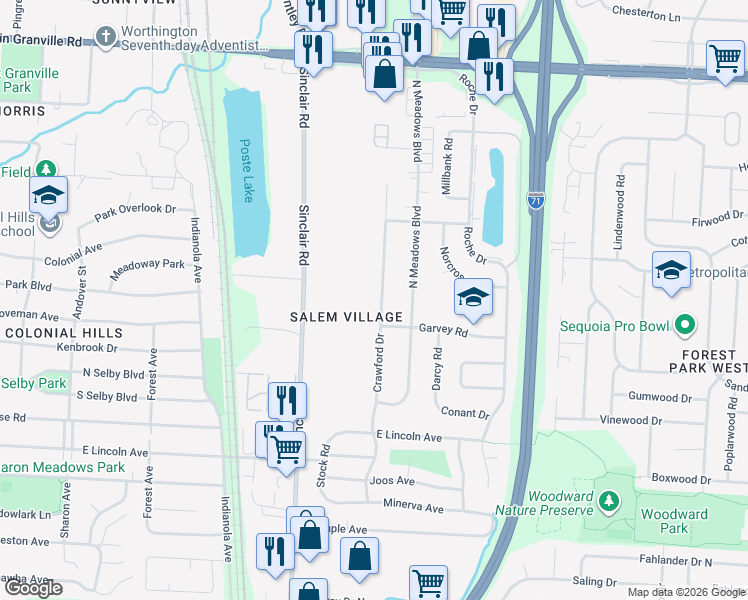 map of restaurants, bars, coffee shops, grocery stores, and more near 5583 Crawford Drive in Columbus