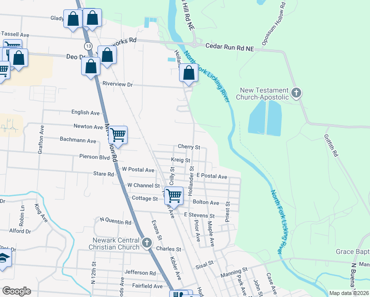 map of restaurants, bars, coffee shops, grocery stores, and more near 89 Cherry Street in Newark