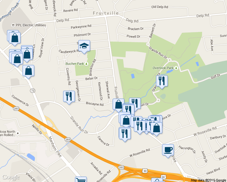 map of restaurants, bars, coffee shops, grocery stores, and more near 2134 Fruitville Pike in Lancaster