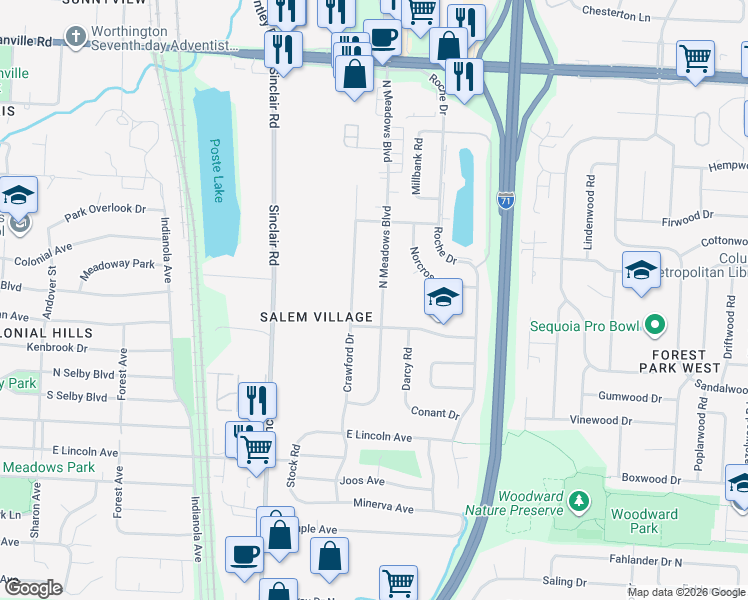 map of restaurants, bars, coffee shops, grocery stores, and more near 5575 North Meadows Boulevard in Columbus
