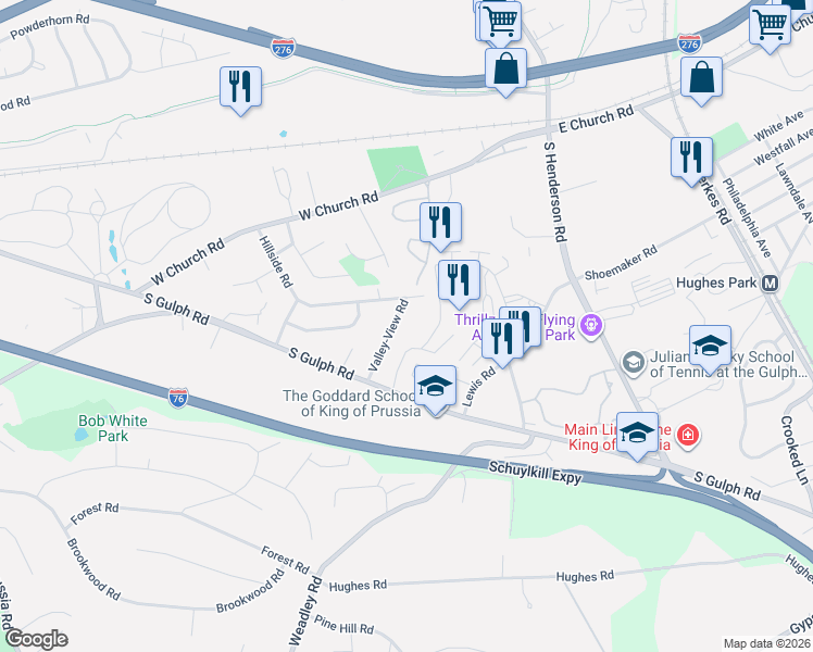 map of restaurants, bars, coffee shops, grocery stores, and more near 348 Valley-View Road in King of Prussia