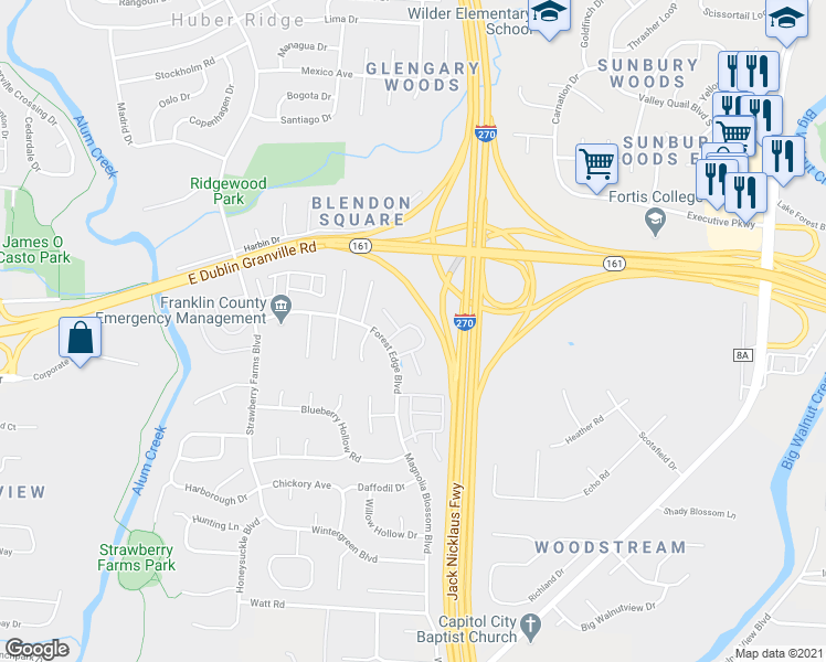 map of restaurants, bars, coffee shops, grocery stores, and more near 4137 Fox Glove Lane in Columbus