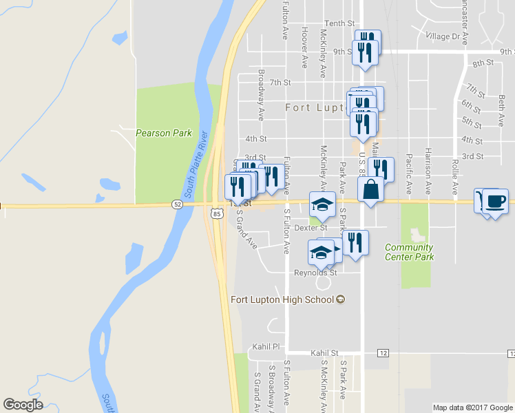 map of restaurants, bars, coffee shops, grocery stores, and more near 156 1st Street in Fort Lupton