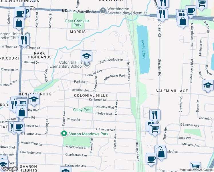map of restaurants, bars, coffee shops, grocery stores, and more near 481 Park Boulevard in Worthington
