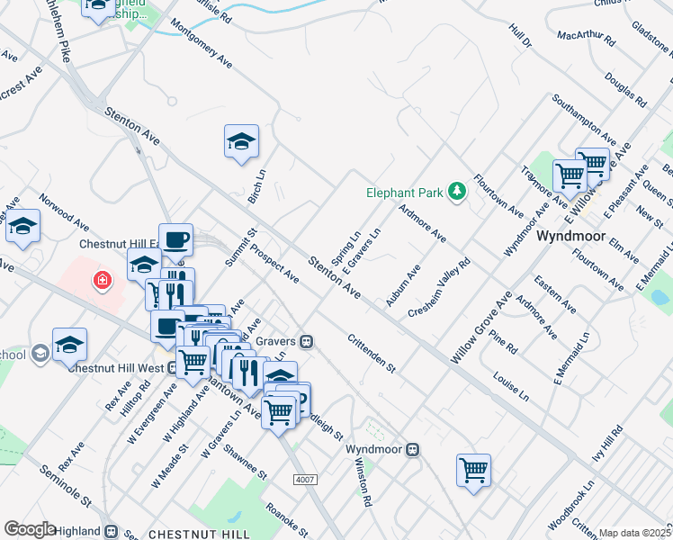 map of restaurants, bars, coffee shops, grocery stores, and more near 502 Spring Lane in Wyndmoor