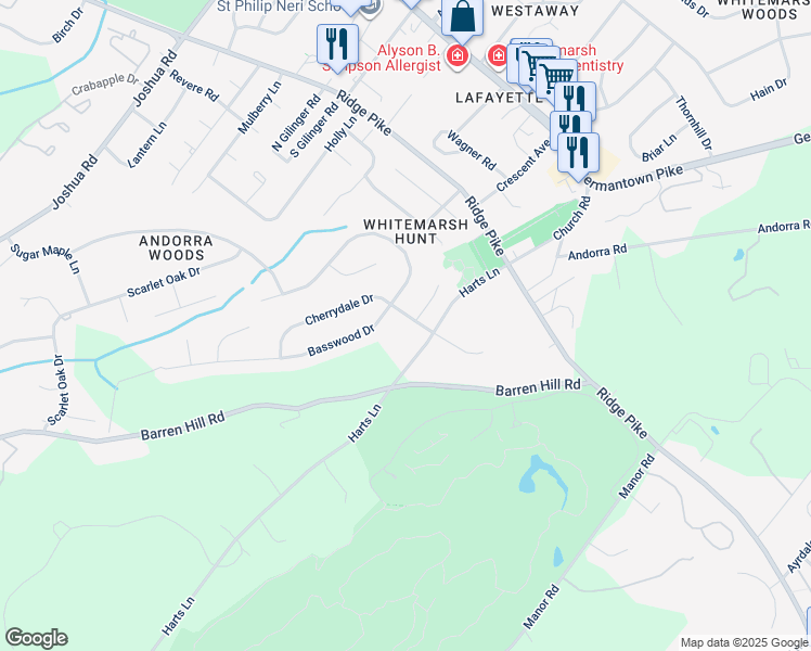 map of restaurants, bars, coffee shops, grocery stores, and more near 696 Cherrydale Drive in Lafayette Hill