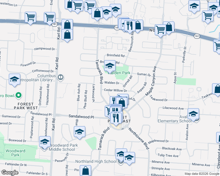 map of restaurants, bars, coffee shops, grocery stores, and more near 1852 Cedar Willow Dr in Columbus