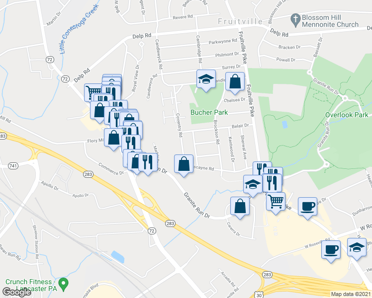 map of restaurants, bars, coffee shops, grocery stores, and more near 2145 Coventry Rd in Lancaster