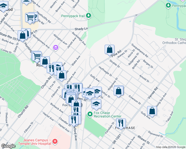 map of restaurants, bars, coffee shops, grocery stores, and more near 415 Solly Avenue in Philadelphia