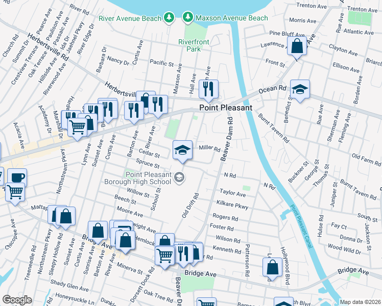 map of restaurants, bars, coffee shops, grocery stores, and more near 802 Laura Herbert Drive in Point Pleasant