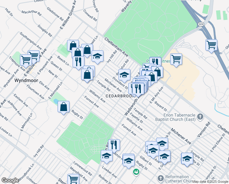 map of restaurants, bars, coffee shops, grocery stores, and more near 8535 Temple Road in Philadelphia
