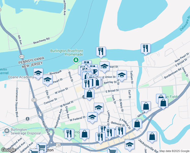 map of restaurants, bars, coffee shops, grocery stores, and more near 232 Stacy Street in Burlington