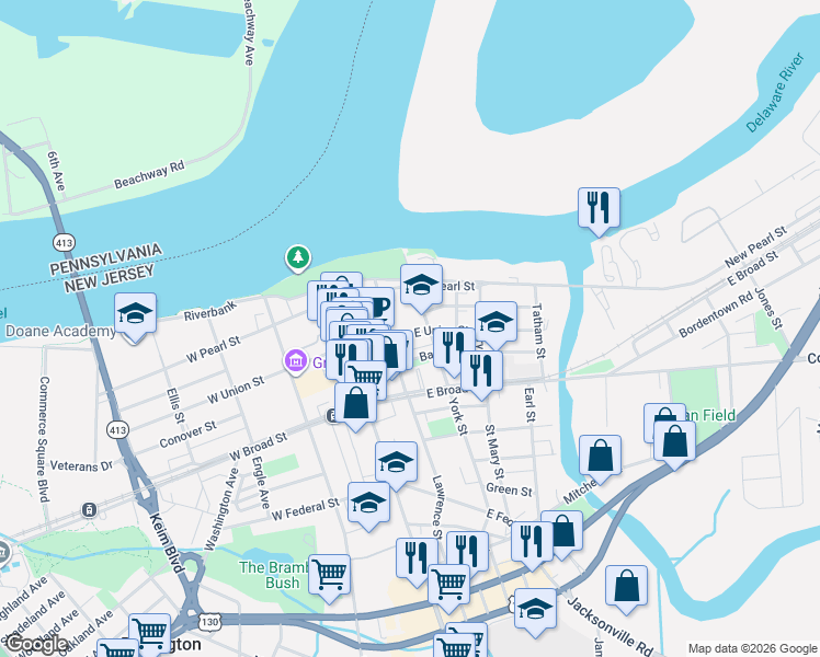 map of restaurants, bars, coffee shops, grocery stores, and more near 131 East Union Street in Burlington