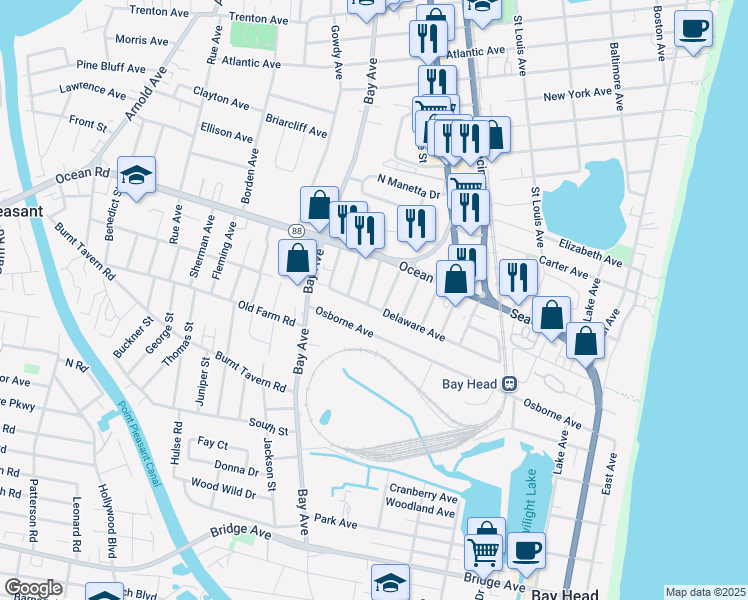 map of restaurants, bars, coffee shops, grocery stores, and more near 1218 Lister Street in Point Pleasant