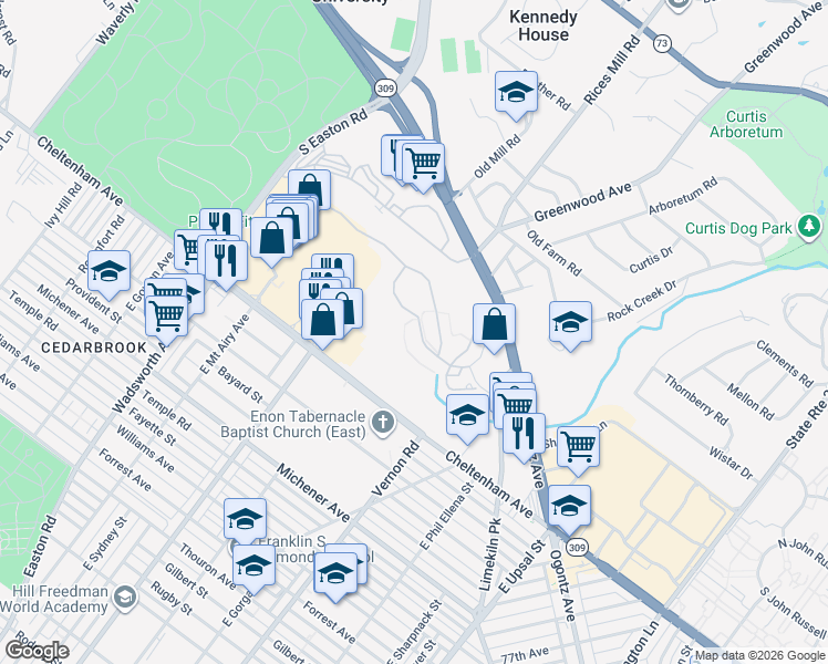 map of restaurants, bars, coffee shops, grocery stores, and more near 234 MacDonald Avenue in Wyncote