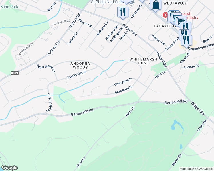 map of restaurants, bars, coffee shops, grocery stores, and more near 665 Cherrydale Dr in Lafayette Hill