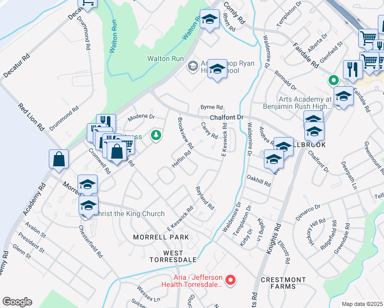 map of restaurants, bars, coffee shops, grocery stores, and more near 10827 Heflin Road in Philadelphia