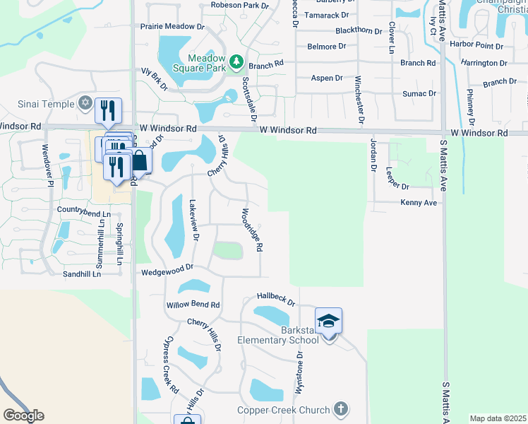 map of restaurants, bars, coffee shops, grocery stores, and more near 2501 Coppertree Road in Champaign