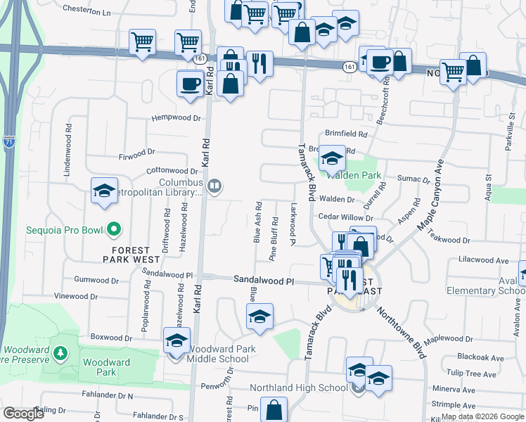 map of restaurants, bars, coffee shops, grocery stores, and more near 5504 Blue Ash Road in Columbus