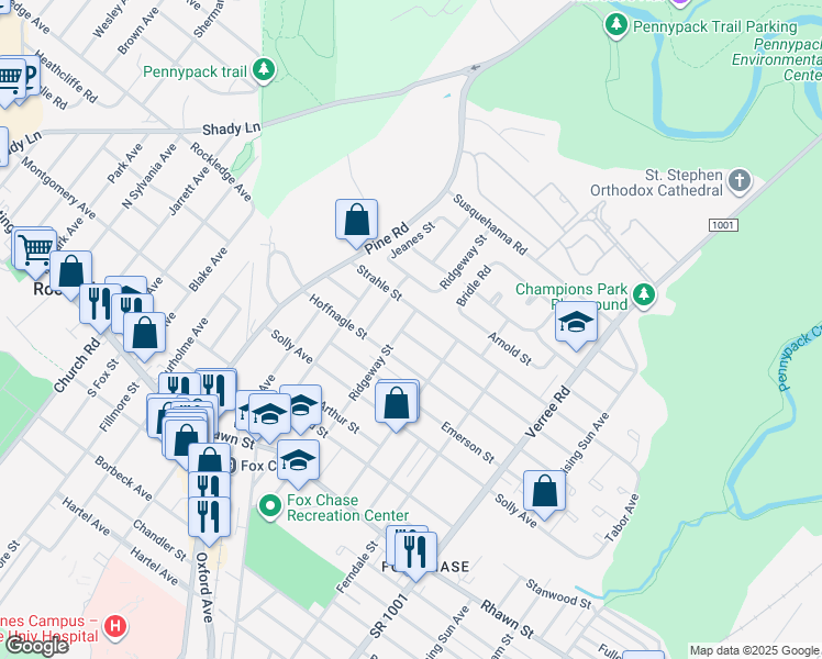 map of restaurants, bars, coffee shops, grocery stores, and more near 8323 Ridgeway Street in Philadelphia