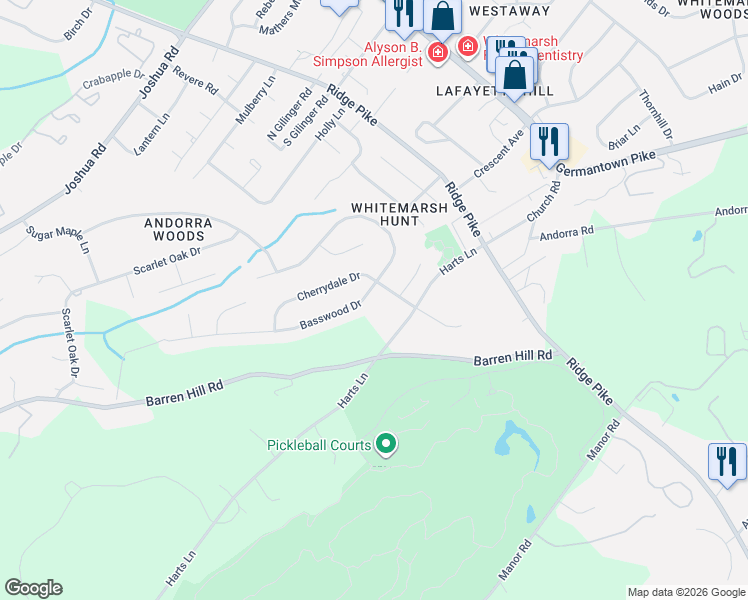 map of restaurants, bars, coffee shops, grocery stores, and more near 2156 Basswood Dr in Lafayette Hill