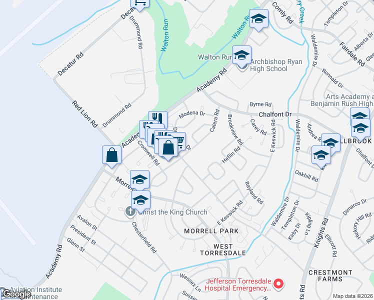 map of restaurants, bars, coffee shops, grocery stores, and more near 3541 Drumore Drive in Philadelphia