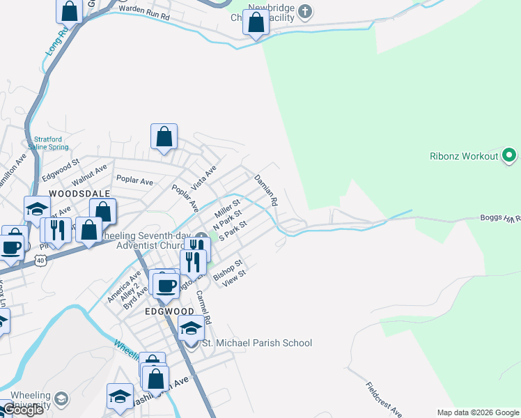 map of restaurants, bars, coffee shops, grocery stores, and more near 155 North Park Street in Wheeling