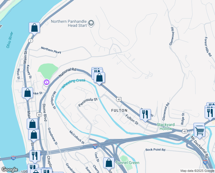 map of restaurants, bars, coffee shops, grocery stores, and more near 357 National Road in Wheeling