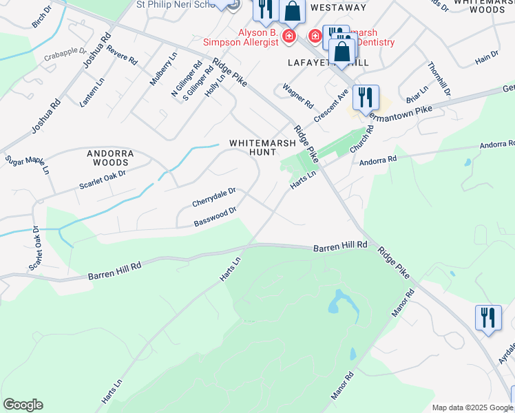 map of restaurants, bars, coffee shops, grocery stores, and more near 696 Cherrydale Drive in Lafayette Hill
