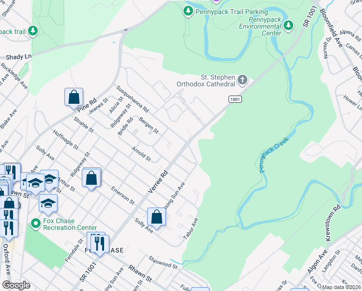 map of restaurants, bars, coffee shops, grocery stores, and more near 8530 Verree Road in Philadelphia