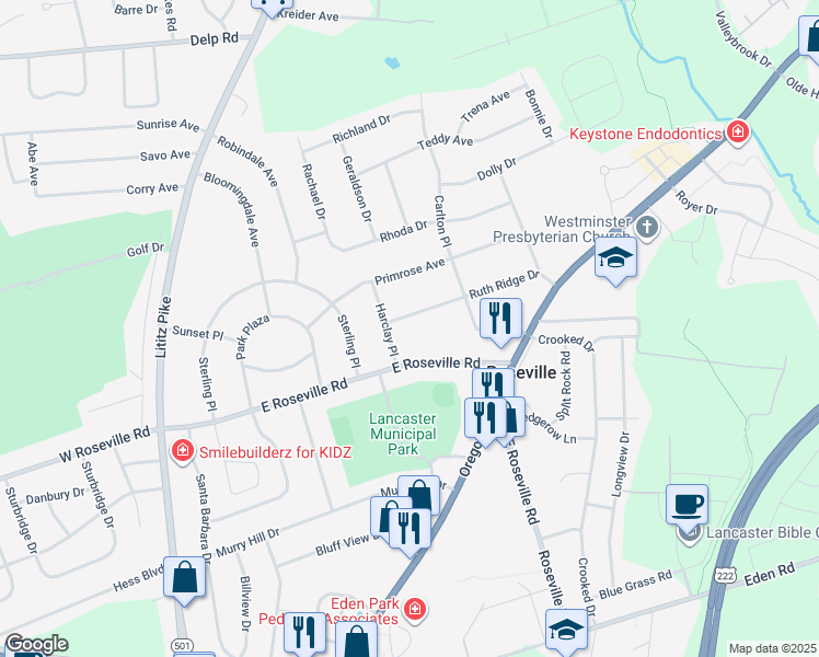 map of restaurants, bars, coffee shops, grocery stores, and more near 332 Ruth Ridge Drive in Lancaster