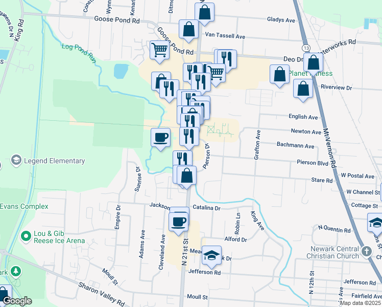 map of restaurants, bars, coffee shops, grocery stores, and more near 1176 North 21st Street in Newark