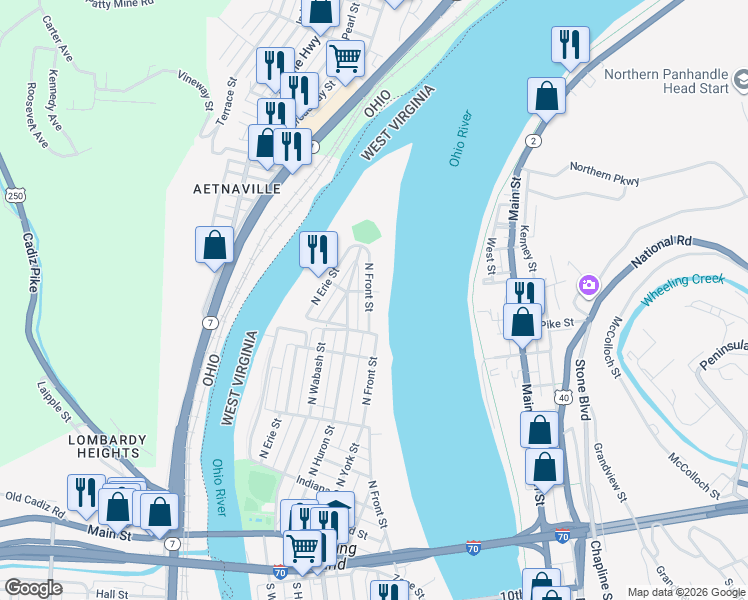 map of restaurants, bars, coffee shops, grocery stores, and more near 624 N Front St in Wheeling