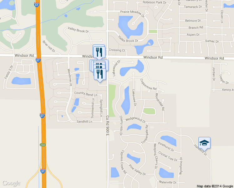 map of restaurants, bars, coffee shops, grocery stores, and more near 2707 Cherry Hills Drive in Champaign