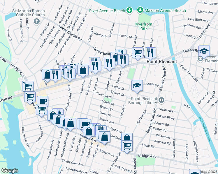 map of restaurants, bars, coffee shops, grocery stores, and more near 902 Barton Avenue in Point Pleasant