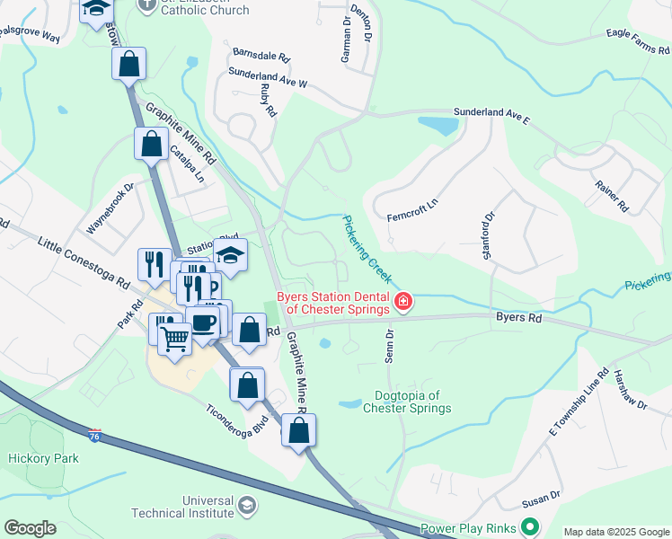 map of restaurants, bars, coffee shops, grocery stores, and more near 266 Flagstone Road in Chester Springs