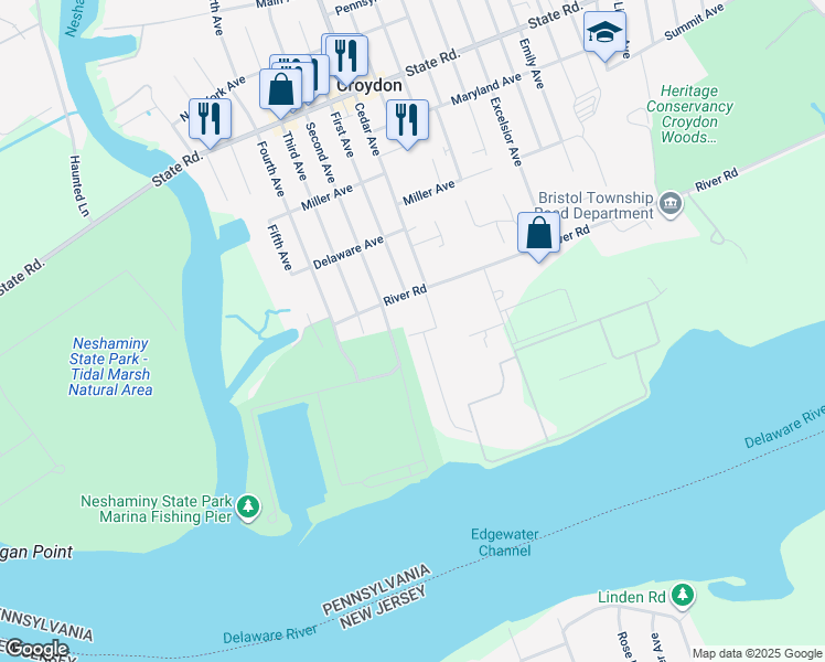 map of restaurants, bars, coffee shops, grocery stores, and more near 705 Shadyside Avenue in Croydon