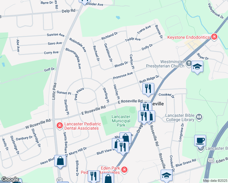 map of restaurants, bars, coffee shops, grocery stores, and more near 1920 Harclay Place in Lancaster