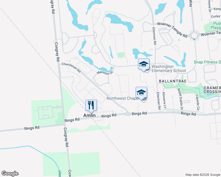 map of restaurants, bars, coffee shops, grocery stores, and more near 5651 Montridge Lane in Dublin